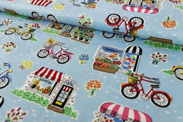 Baumwolle beruckt Fahrräder und Marktstände